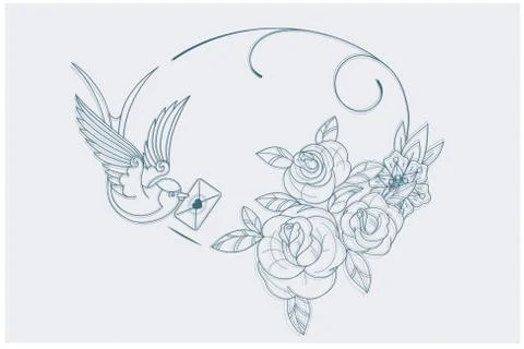 Love theme coloring page old school tattoo signs Stock Illustration