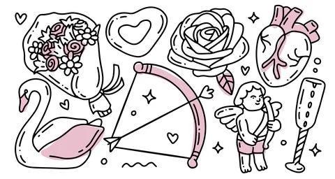 Love theme simple doodle elements set for cute romantic design. Wedding elements Illustrazione stock