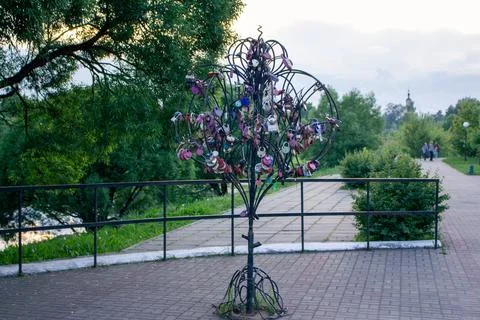 "love" trees with locks Stock Photos