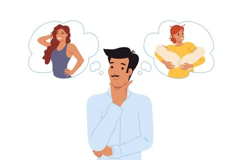Love triangle between man cheating on disappointed wife with babies in arms Stock Illustration