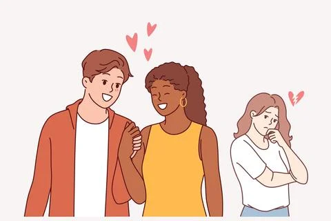 Love triangle between man walking with girlfriend and jealous, envious girl in Stock Illustration