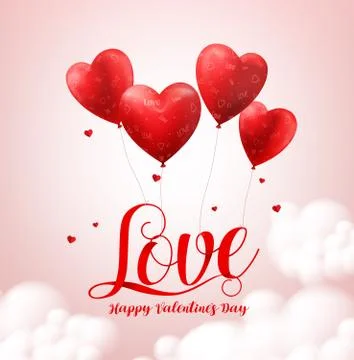 Love typography text with flying red heart shape balloons vector Stock Illustration