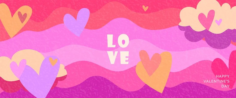Love vector background. Creative modern illustration with hearts, clouds an.. Illustrazione stock