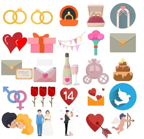 Love vector clip art set with wedding icons, love doves, love couple, love me Stock Illustration