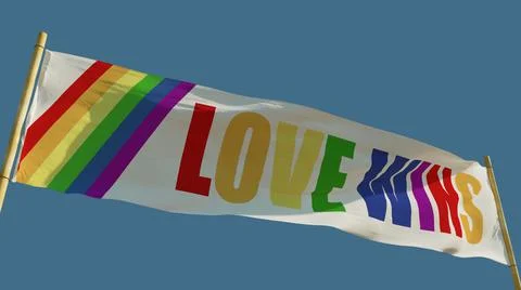 Love Wins transparency flag on blue sky bg, isolated - object 3D rendering Stock Illustration