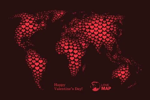 Love, world map with red hearts, vector background Stock Illustration