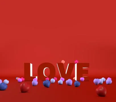Love written in 3D surrounded by fallen down hearts on a Red background. 3D r Illustration