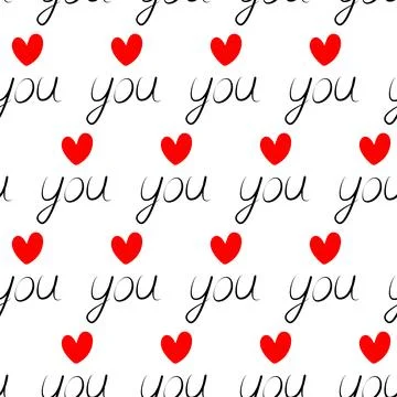 Love you Concept seamless pattern Hand drawn text with red heart shape in Illustrazione stock