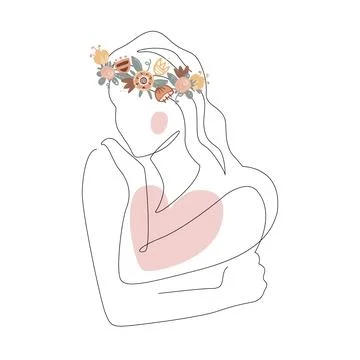 Love yourself vector illustration. Pretty woman with a flower wreath is hugging Stock Illustration