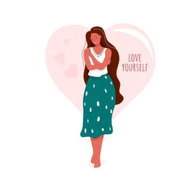 Love yourself vector illustration. Smiling woman hug herself. Body care design Stock Illustration