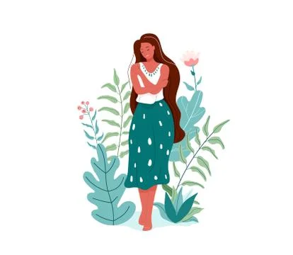 Love yourself vector illustration. Smiling woman hug herself. Body care design Stock Illustration