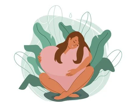 Love yourself vector illustration. Smiling woman sit and hug big heart in nature Stock Illustration