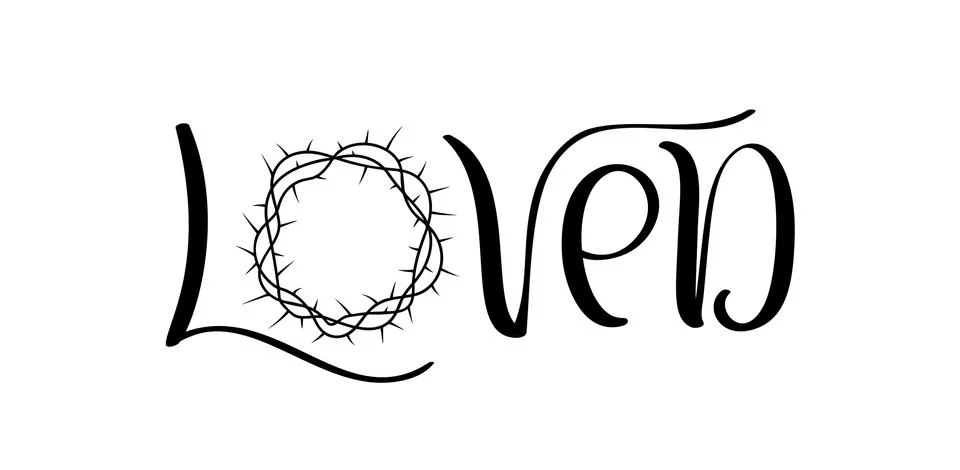 Loved, Hand written vector calligraphy lettering text with crown of thorns Ilustración de archivo