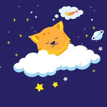 Lovely cat-moon on clouds in the night sky Stock Illustration