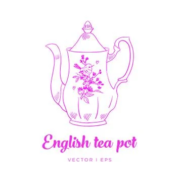 Lovely classic tea pot, vector illustration, outline sketch. Stock Illustration