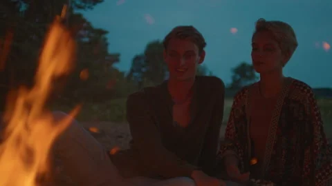 Lovely couple make romantic campfire hiking date Stock Footage 197288705