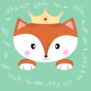 Lovely cute fox princess with elements of autumn leaves on a green background. Stock Illustration