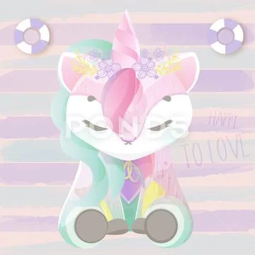 Lovely Doodle Baby unicorn in watercolor. Stock Illustration