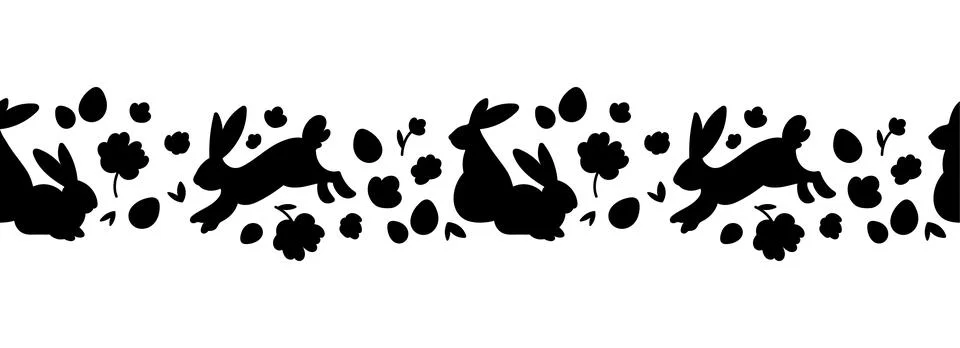 Lovely Easter horizontal seamless border Silhouettes rabbits flowers easter eggs Illustrazione stock