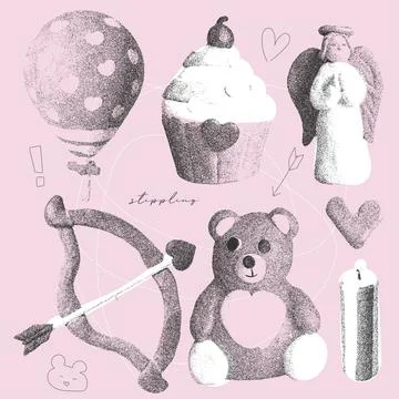 Lovely Elements with a retro photocopy effect. Naive valentines day concept 스톡 일러스트
