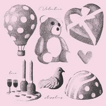 Lovely Elements set with a retro photocopy effect. Naive valentine s day concept Stock Illustration