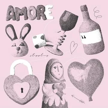 Lovely Elements set with a retro photocopy effect. Naive valentine s day concept Illustrazione stock