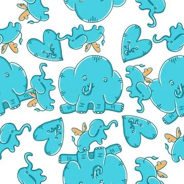 Lovely Elephants in cartoon flat flat style. Seamless pattern. Happy Velent.. Stock Illustration