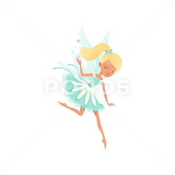 Lovely fairy in flying action. Imaginary fairytale creature spreading magical Stock Illustration
