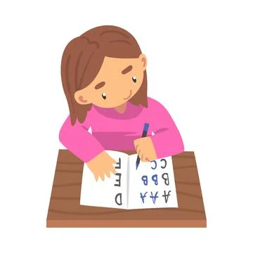 Lovely Girl Learning to Write, Elementary School Student Sitting at Desk and Stock Illustration