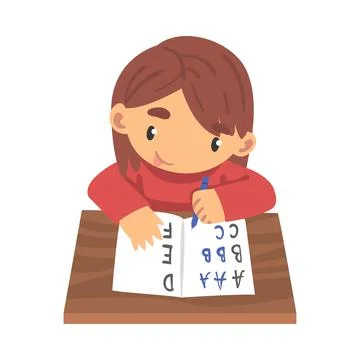 Lovely Girl Learning to Write in Notebook, Elementary School Student Making Stock Illustration