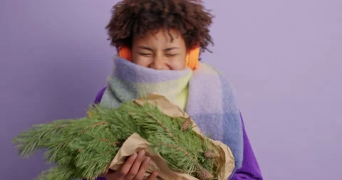 Lovely glad dark skinned millennial girl carries branches of fir tree as symbol Stock Footage 144454157