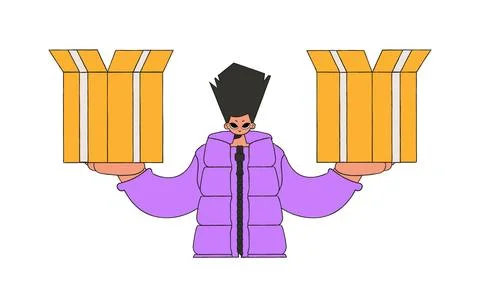 Lovely guy holding boxes in his hands. Understanding the process of parcel an Illustrazione stock