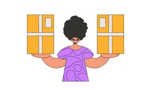Lovely guy is holding boxes. Understanding the process of parcel and cargo de Illustrazione stock