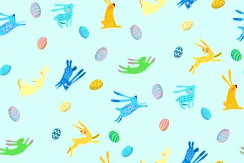 Lovely hand drawn Easter seamless pattern, doodle bunnies, eggs and flowers Stock Illustration