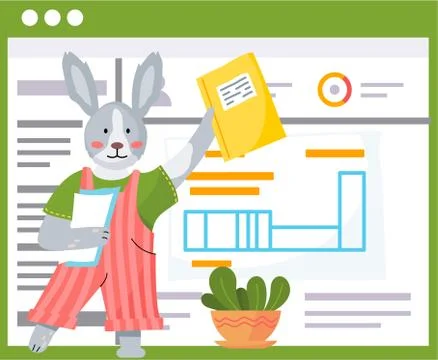 Lovely hare schoolboy with notebook in hands is showing an exercise book. Back Illustrazione stock