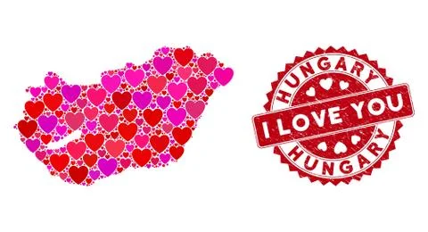 Lovely Heart Collage Hungary Map with Grunge Seal Stock Illustration