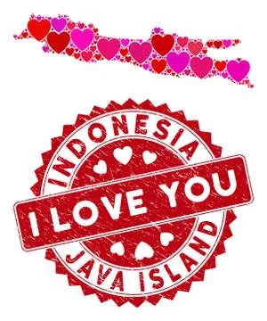 Lovely Heart Mosaic Java Island Map with Scratched Stamp Seal Ilustração Stock