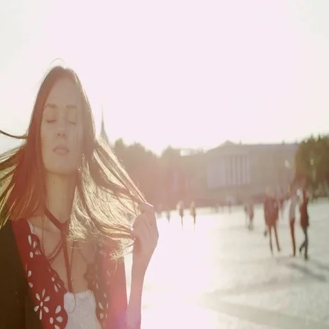 Lovely lady posing at beatiful view and smiling Stock Footage 69395189