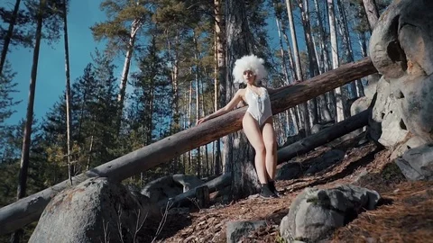Lovely model poses in summer forest Video stock 85326252