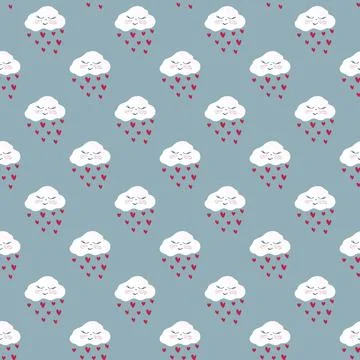 Lovely pattern with kawaii smiling clouds and hearts rain Stock Illustration