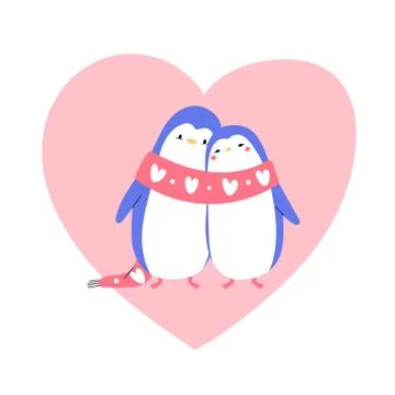Lovely penguin couple hugging each other, standing in front of heart sign, ce Stock Illustration