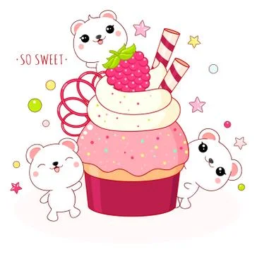 Lovely polar bears with raspberry cake Stock Illustration
