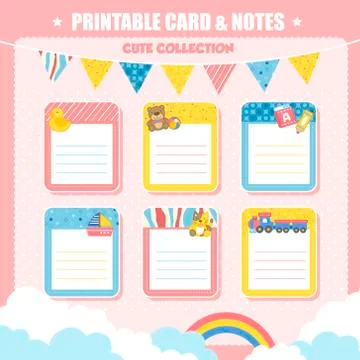 Lovely printable card and notes with toy elements Stock Illustration