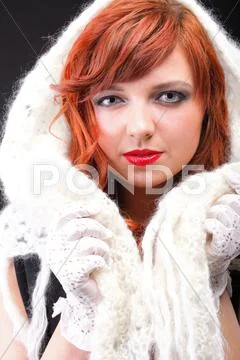 Lovely redhead - white glove warm scarf Young beautiful red haired woman Stock Photos