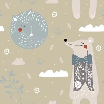 Lovely seamless pattern with cute fox, badger and flowers. Perfect for textile Stock Illustration