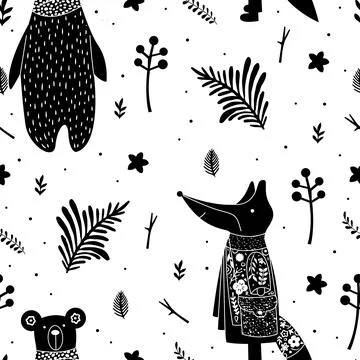 Lovely seamless pattern with cute fox, bear and flowers. Perfect for textile Stock Illustration