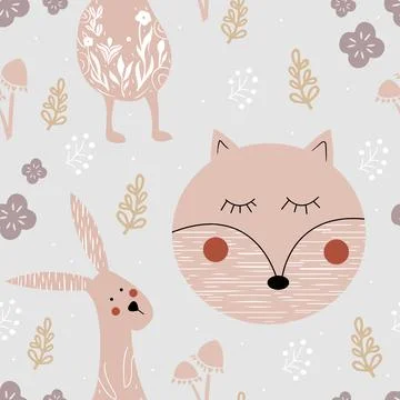Lovely seamless pattern with cute fox, rabbit and flowers. Perfect for textile Stock Illustration