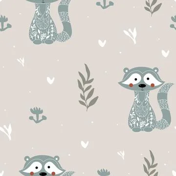 Lovely seamless pattern with cute raccoon and flowers. Perfect for textile Illustrazione stock