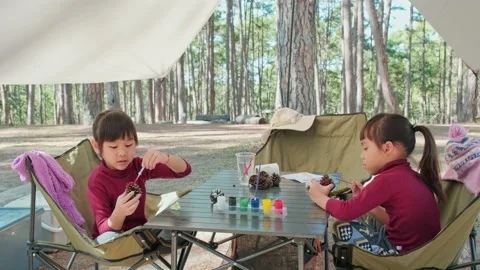 Lovely sisters paint on pine cones to decorate the Christmas tree.  Stock Footage 227986751