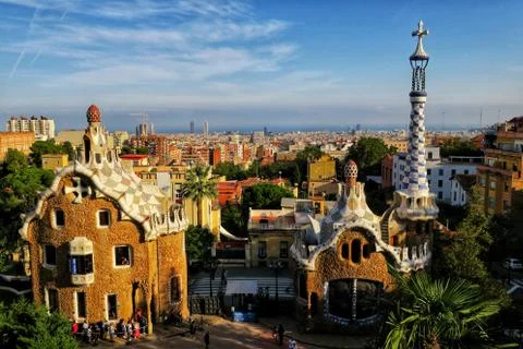 A lovely sunset in the Park Guell in Barcelona, Spain Stock Photos